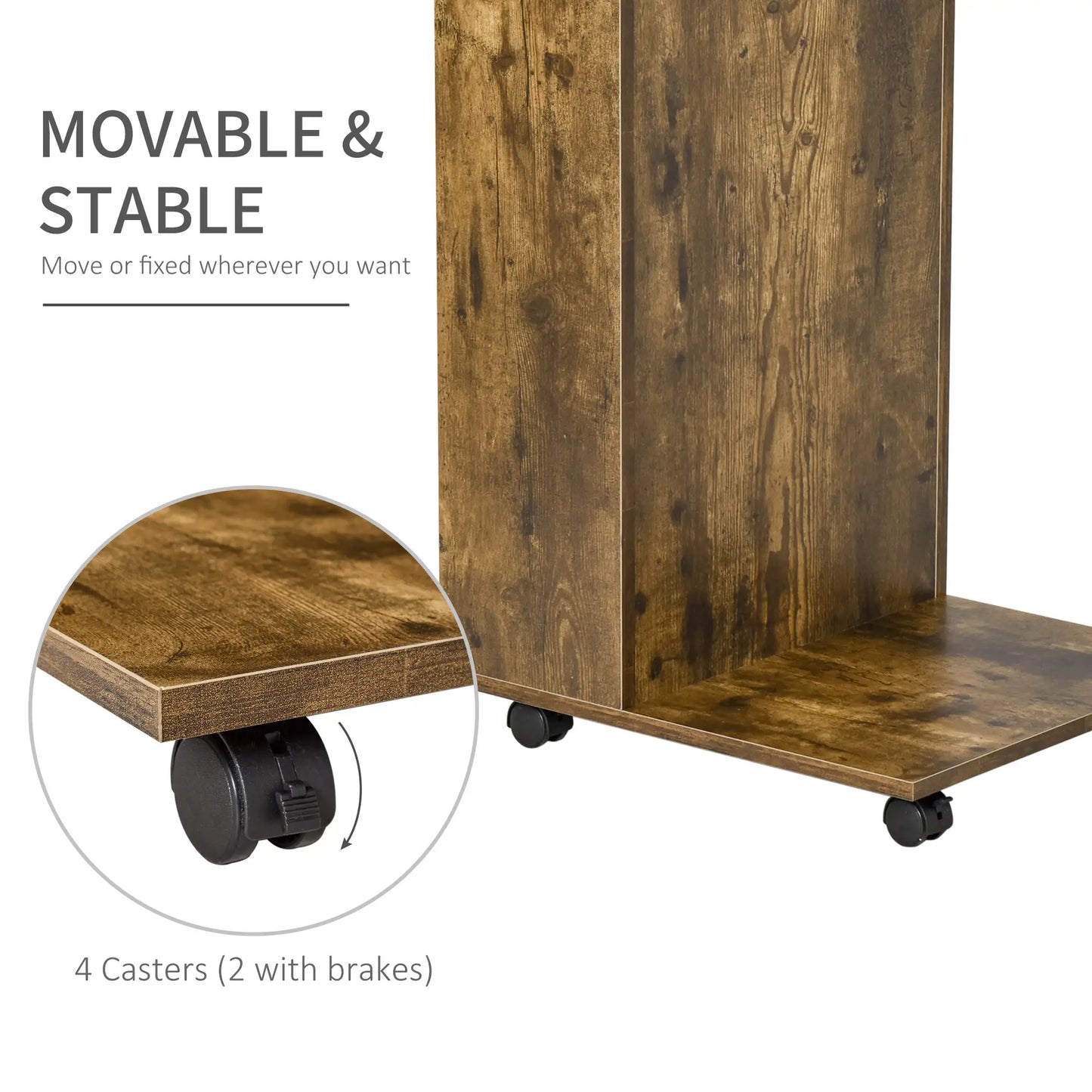 HOMCOM Mobile Sofa Side Table C-Shape End Table with Storage & Casters for Laptop Coffee Snack, Rustic Brown