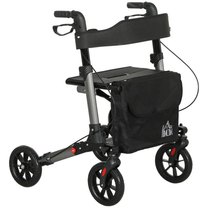 HOMCOM 4 Wheel Rollator with Seat & Back, Folding Walker with Carry Bag, Adjustable Height, Dual Brakes, Aluminium Walking Frame, Silver