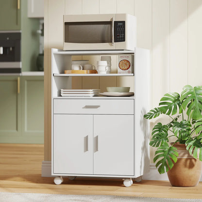 HOMCOM Kitchen Trolley with Wheels, Modern Mobile Microwave Stand with Slide-Out Shelf, Drawer & 2 Doors