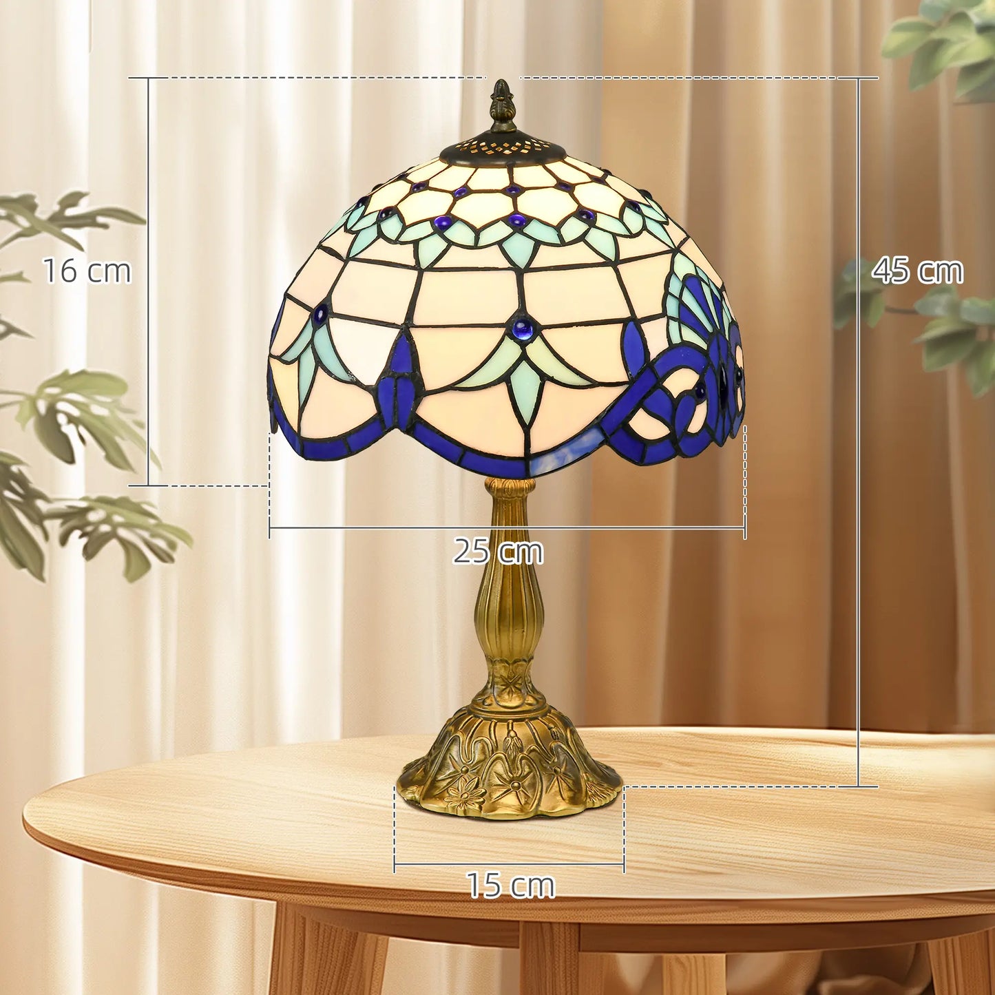 HOMCOM Tiffany Stained Glass Table Lamp, Handmade Antique Bedside Lamp, Nightstand, Night Light, Blue