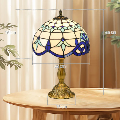 HOMCOM Tiffany Stained Glass Table Lamp, Handmade Antique Bedside Lamp, Nightstand, Night Light, Blue