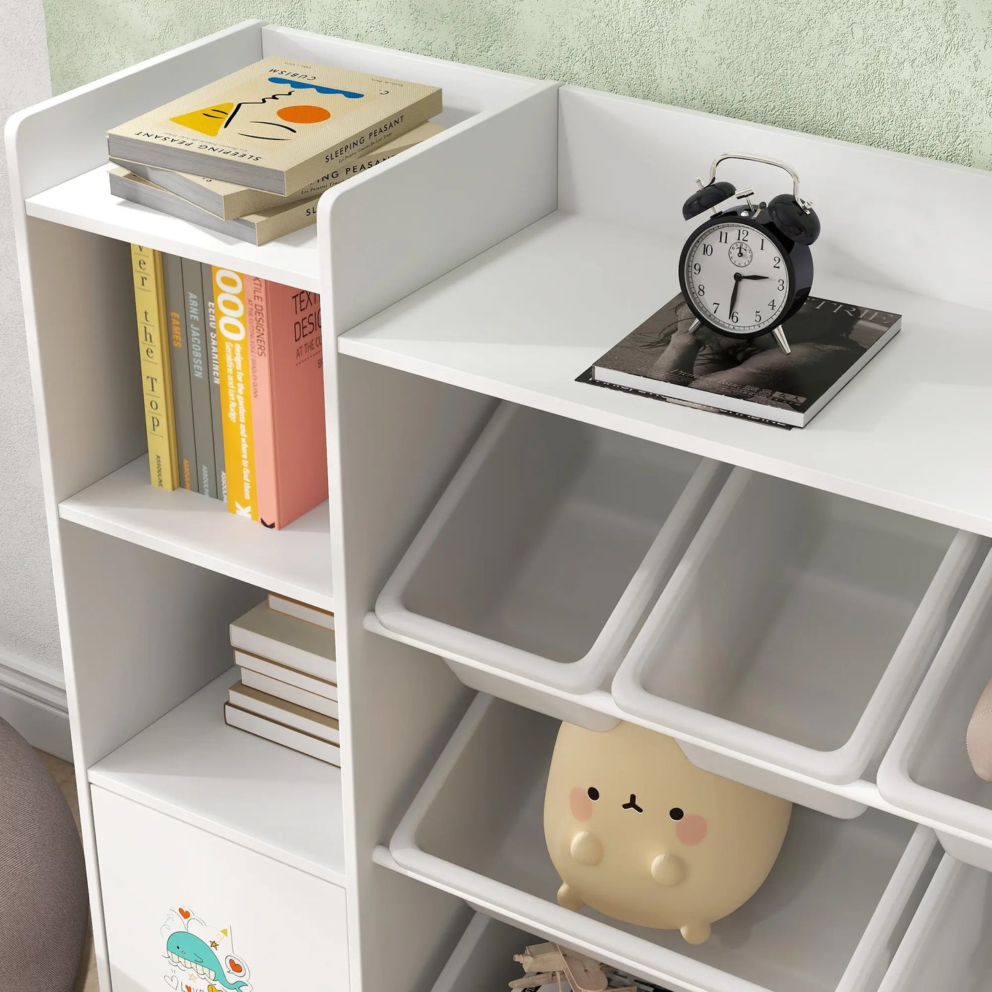 AIYAPLAY Kids Toy Organizers with 8 Removable Storage Bins and Bookshelf, White