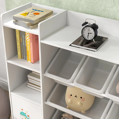 AIYAPLAY Kids Toy Organizers with 8 Removable Storage Bins and Bookshelf, White