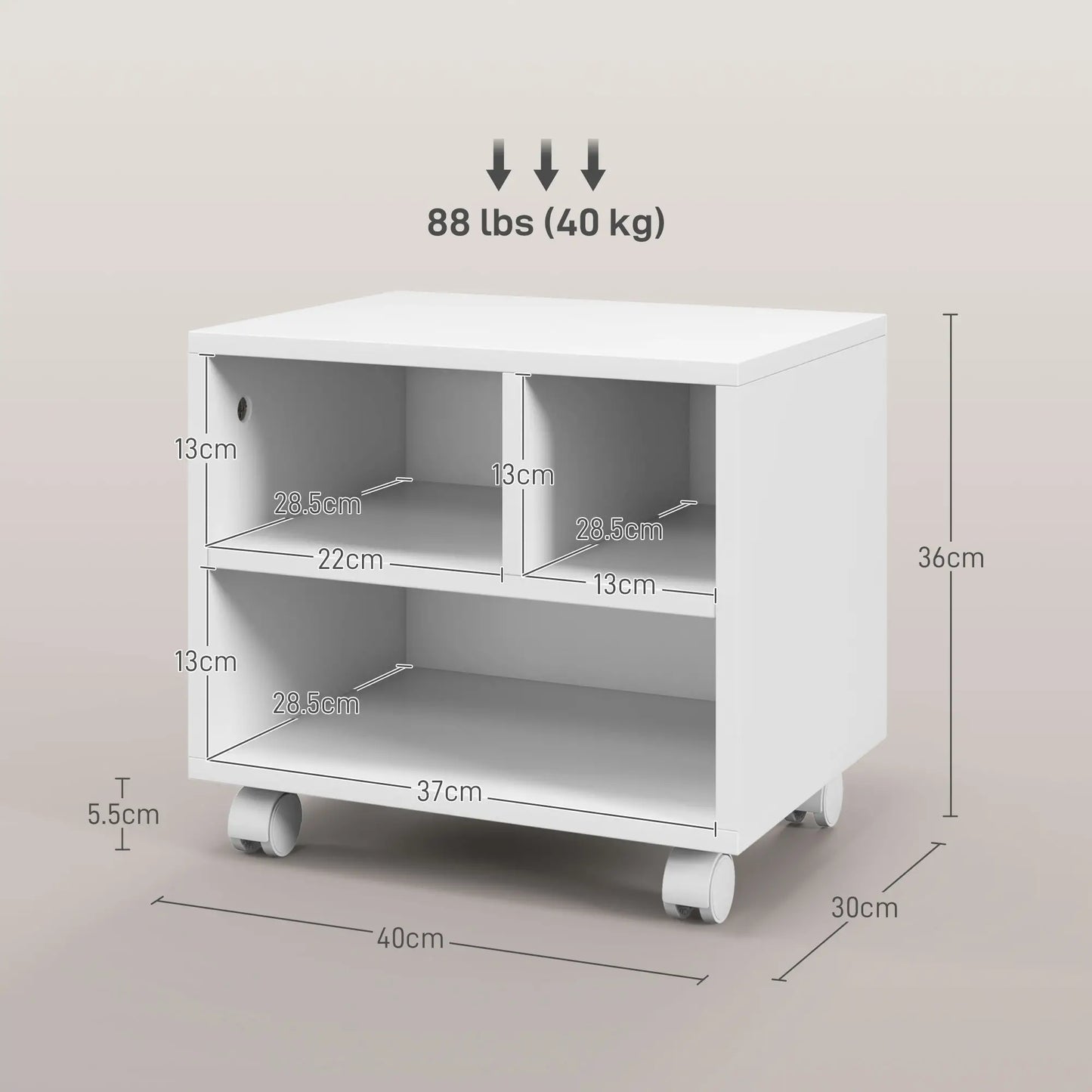 HOMCOM Three-Compartment Office Storage Printer Cabinet with Wheels - White