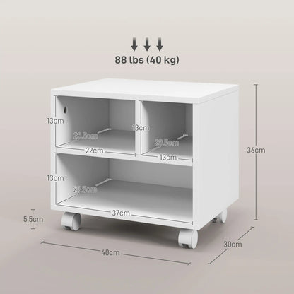 HOMCOM Three-Compartment Office Storage Printer Cabinet with Wheels - White