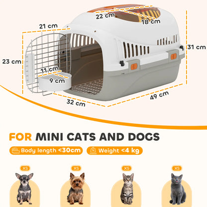 PawHut Plastic Pet Carrier Hard Shell Dog Cat Carrier Max 4 KG Steel Door Feed Bowl, Secure Lock