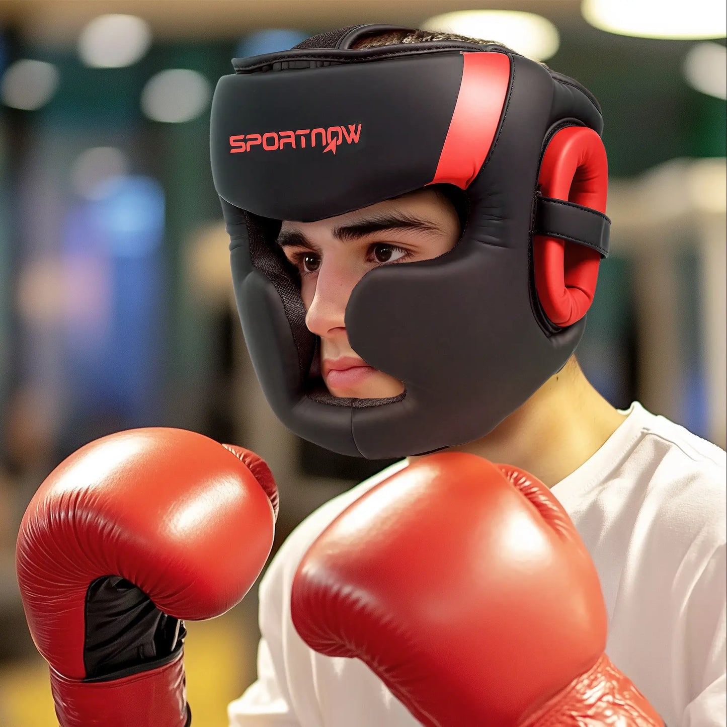SPORTNOW Boxing Headguard, Headgear Helmet with Adjustable Strap for Full Face Protection for Kickboxing Sparring, Red