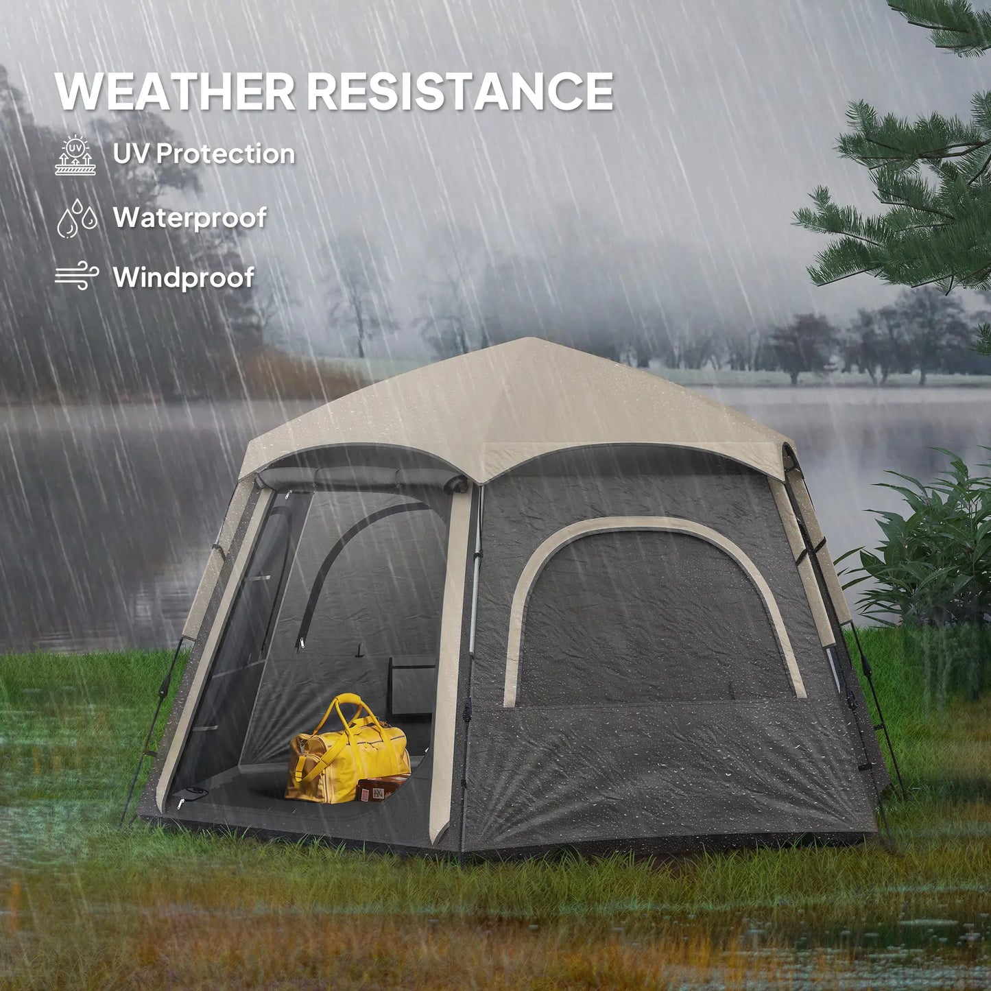 Outsunny Instant Camping Tent, Dome Family Tent with Vestibule, 4 Mesh Windows & 2 Doors, Waterproof & UV Protected, Dark Grey