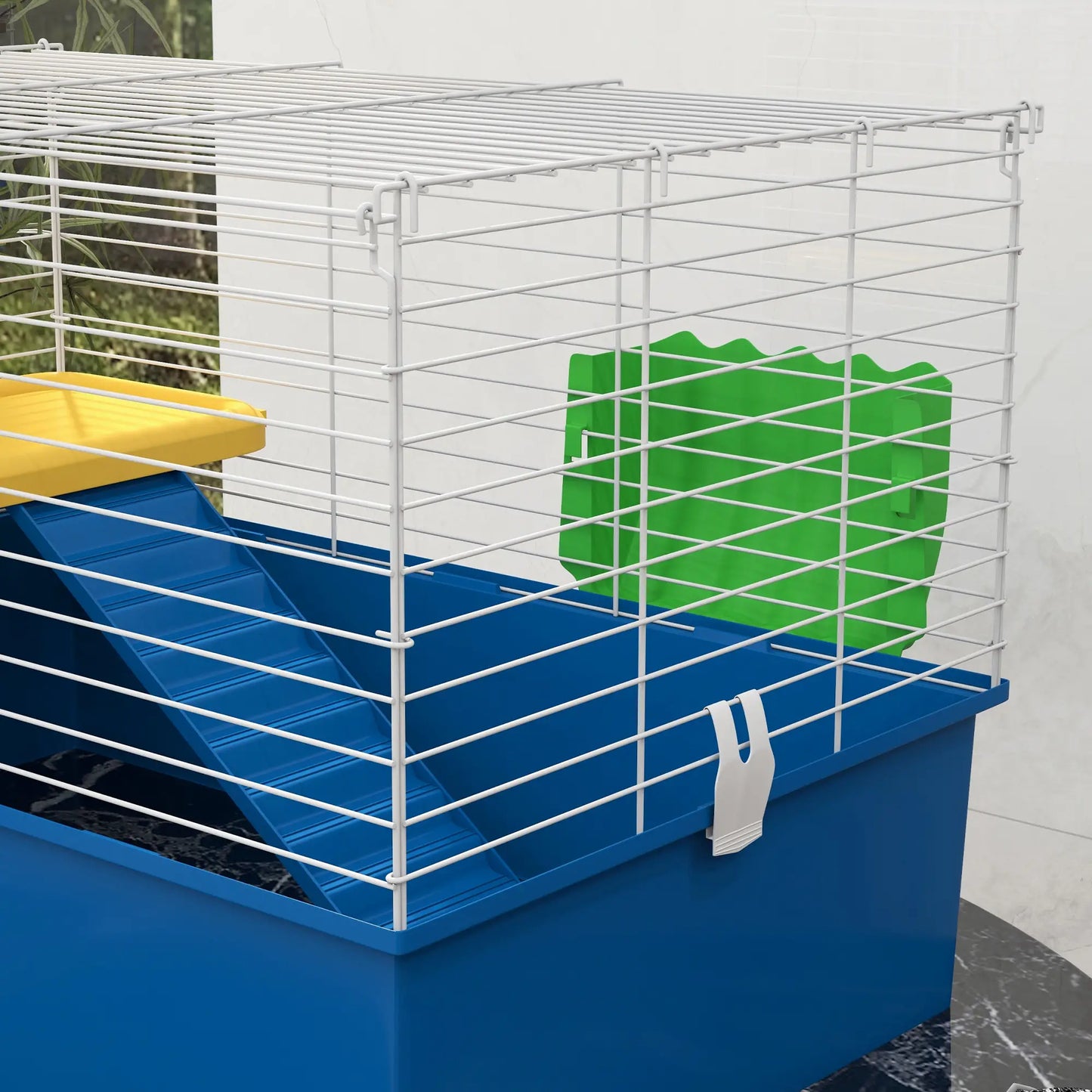 PawHut Chinchillas Small Rabbit Guinea Pig Small Animal Cage, Pet Playhouse with Platform, Ramp, Blue