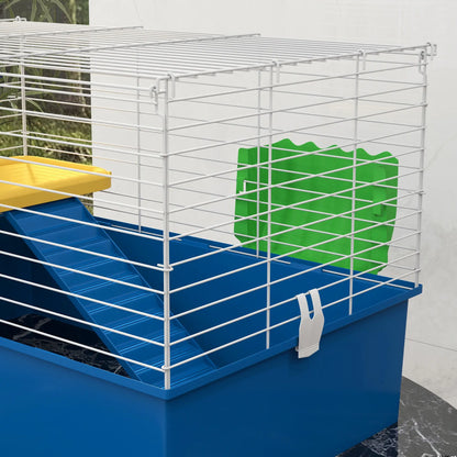 PawHut Chinchillas Small Rabbit Guinea Pig Small Animal Cage, Pet Playhouse with Platform, Ramp, Blue