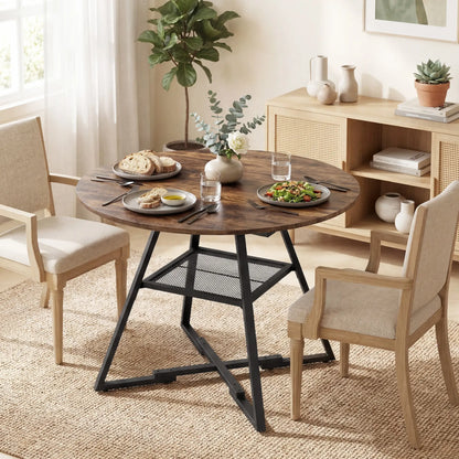 HOMCOM Dining Table for 4 People, Round Industrial Kitchen Table with Storage Shelf, Rustic Brown
