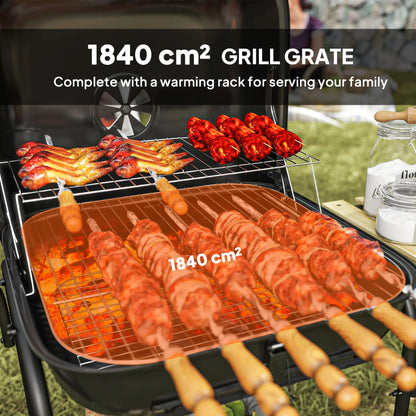 Outsunny Charcoal Barbecue Grill Portable BBQ Grill with Cooking Area, 3 Shelves, Lockable Lid, Wheels for Outdoor Cooking, Garden Party, Black