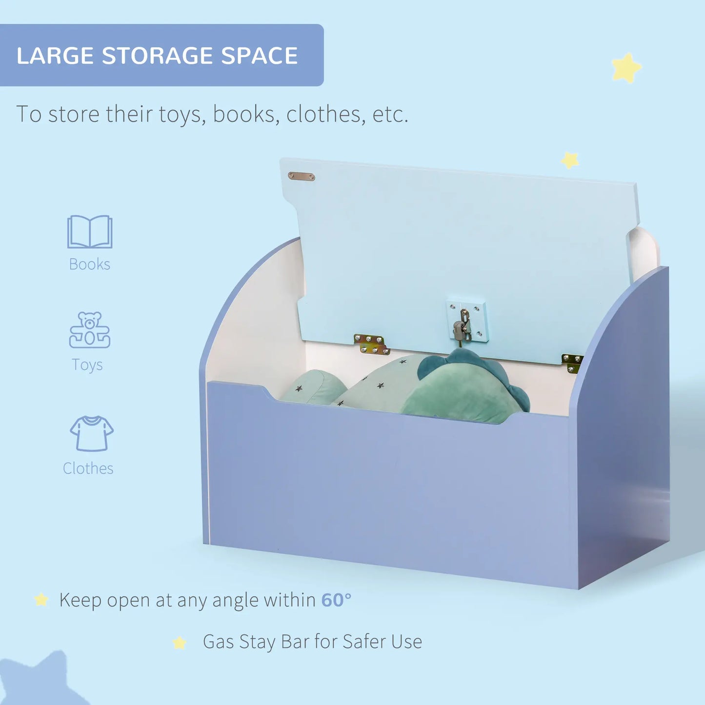 HOMCOM Kids Wooden Toy Box Children Storage Chest Bench Organiser Safety Hinge Playroom Furniture, Blue