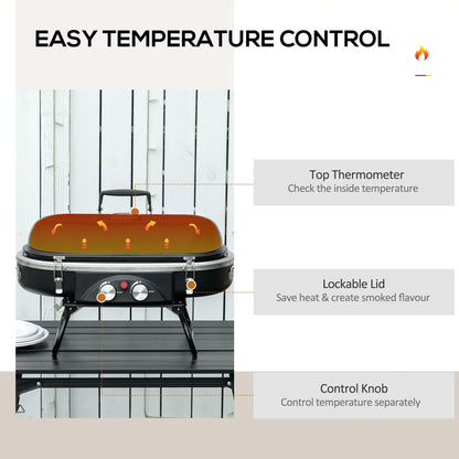 Outsunny Foldable Gas BBQ Grill 2 Burner Table Top Barbecue with Lid for Camping Picnic Cooking, Aluminium Alloy