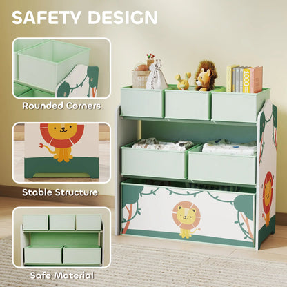 AIYAPLAY Kids Toy Storage Units, 3-Tier Toy Organiser Shelf with 6 Removable Boxes for Kids Playroom, Green