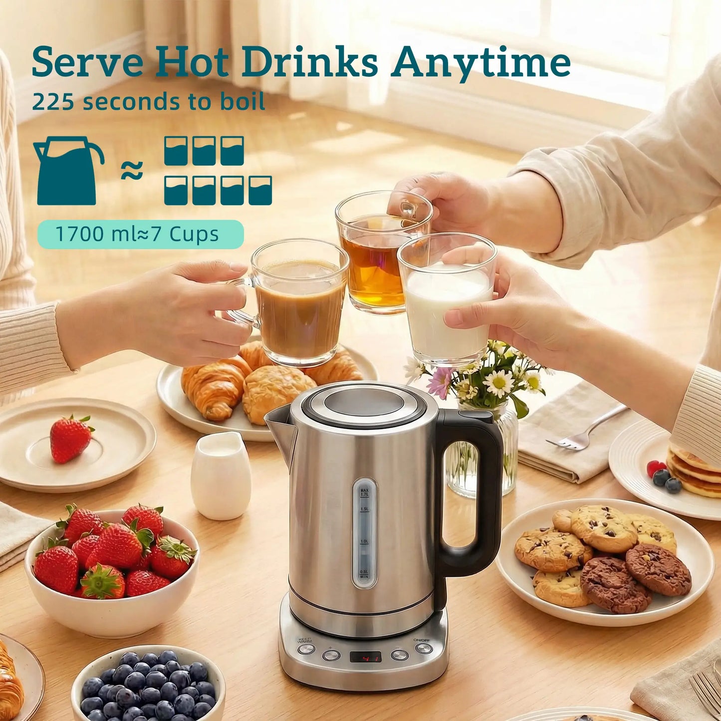 HOMCOM Electric Kettle, 1.7L, Fast Boil, 3kW Water Kettle with UK Strix Thermostat, LCD Base, Silver Tone