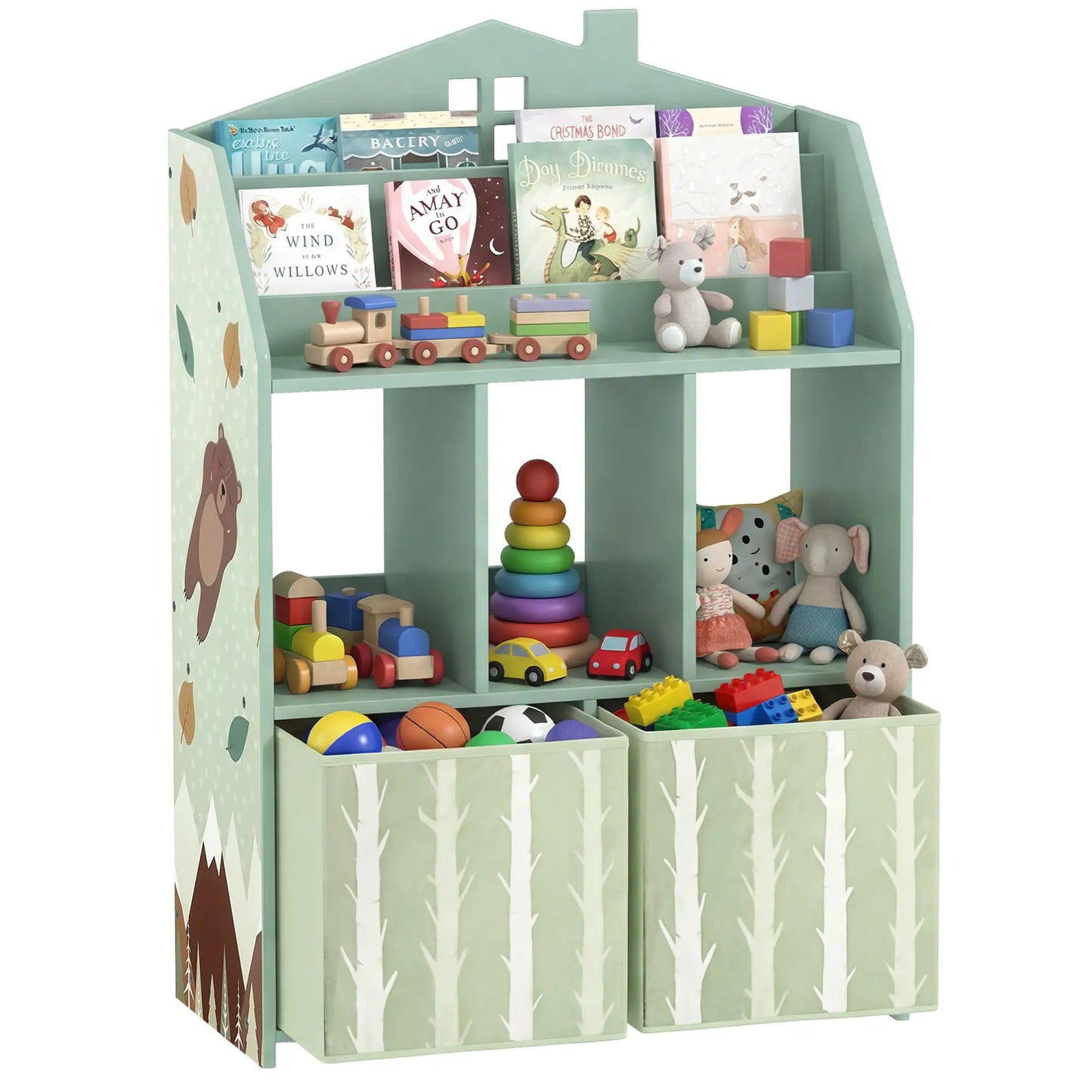 AIYAPLAY Kids Bookshelf with Toy Storage, Book Shelves and Fabric Drawers for Playroom, Green