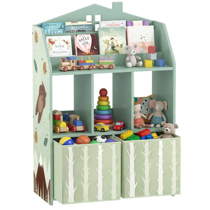 AIYAPLAY Kids Bookshelf with Toy Storage, Book Shelves and Fabric Drawers for Playroom, Green