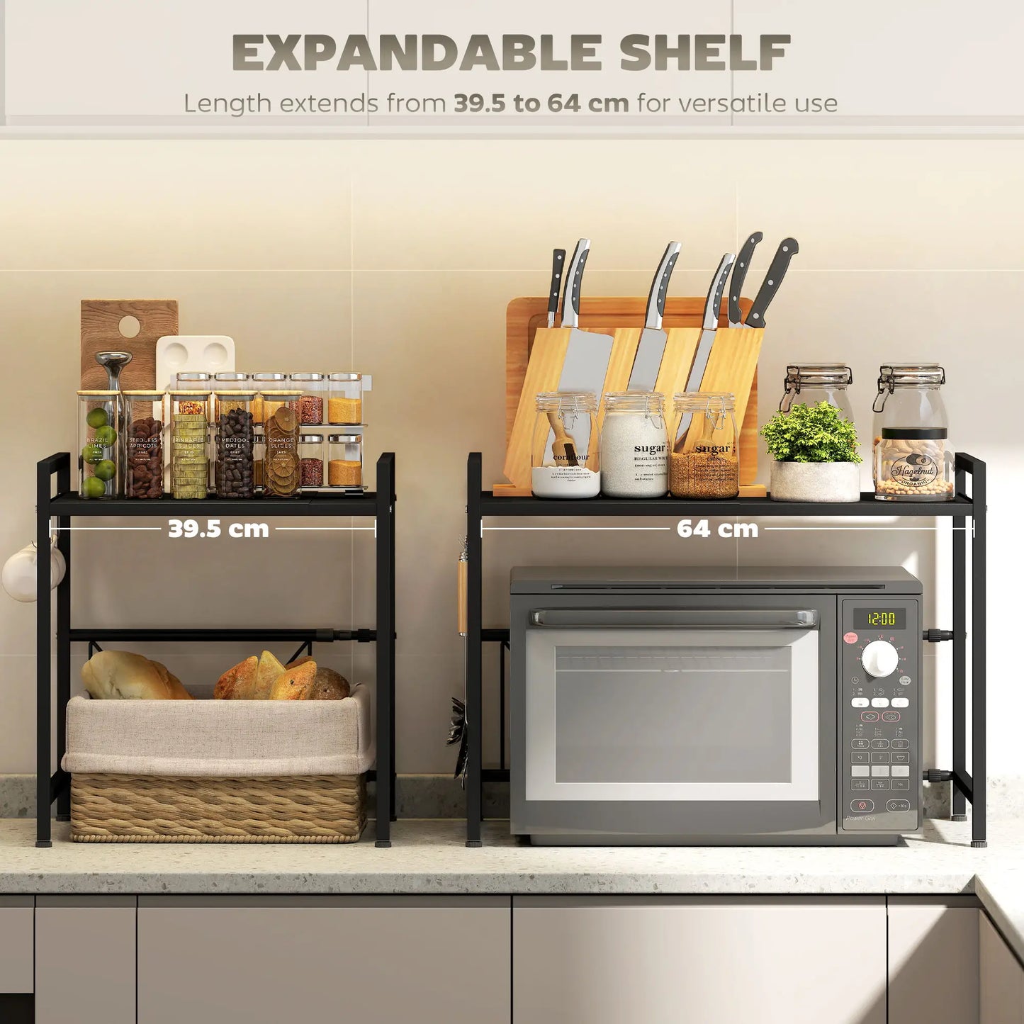 HOMCOM Kitchen Expandable Microwave Oven Rack Counter Organiser with 3 Hooks - Black