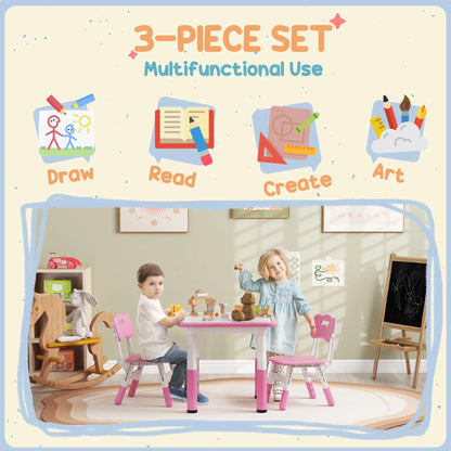 AIYAPLAY Height Adjustable Toddler Table and Chair Set, 3-Piece Children Activity Table w/ 2 Chairs for Playroom - Pink