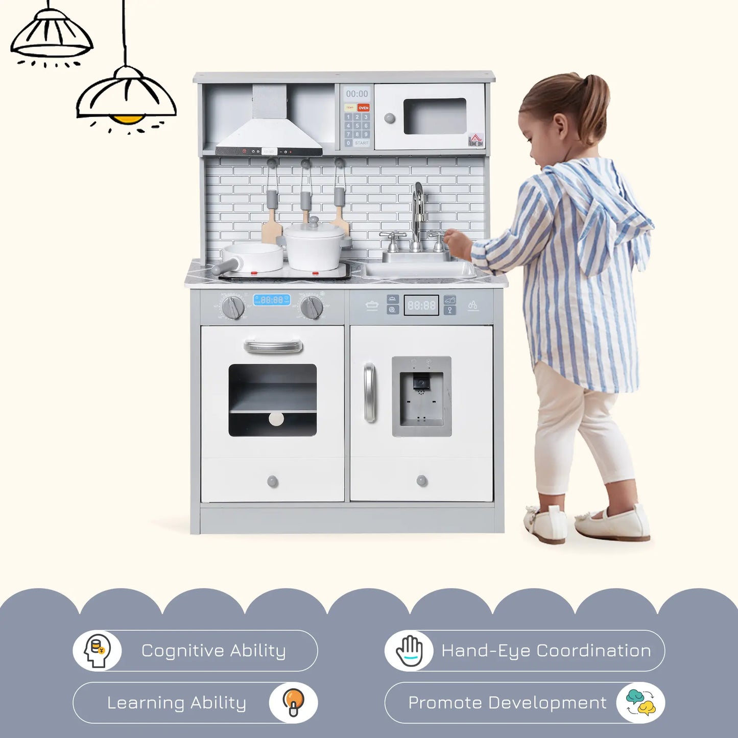 Kids Wooden Toy Kitchen Pretend Play Cooking Playset w/ Sound & Light Effect, Battery Operated Cooktop, Marble Pattern Countertop
