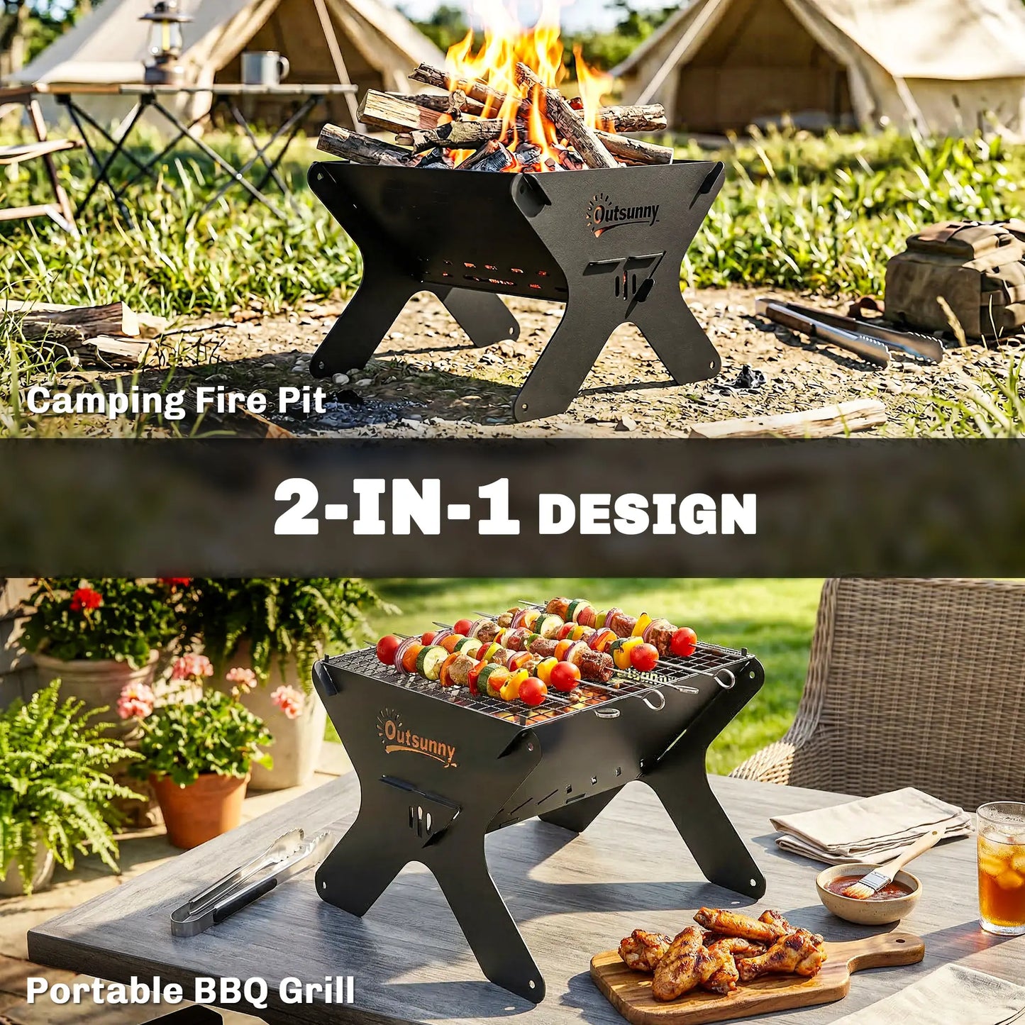 Outsunny 2-In-1 Portable BBQ Grill & Camping Fire Pit, Tabletop Charcoal Barbecue Grill with Gripper, Gloves & Carry Bag