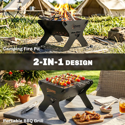 Outsunny 2-In-1 Portable BBQ Grill & Camping Fire Pit, Tabletop Charcoal Barbecue Grill with Gripper, Gloves & Carry Bag