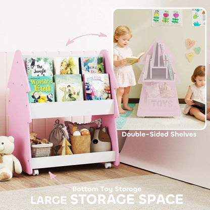 AIYAPLAY Kids Bookshelf with Toy Storage & Wheels, Double-Sided Bookcase, 3 Tier Book Rack for Bedroom, Pink