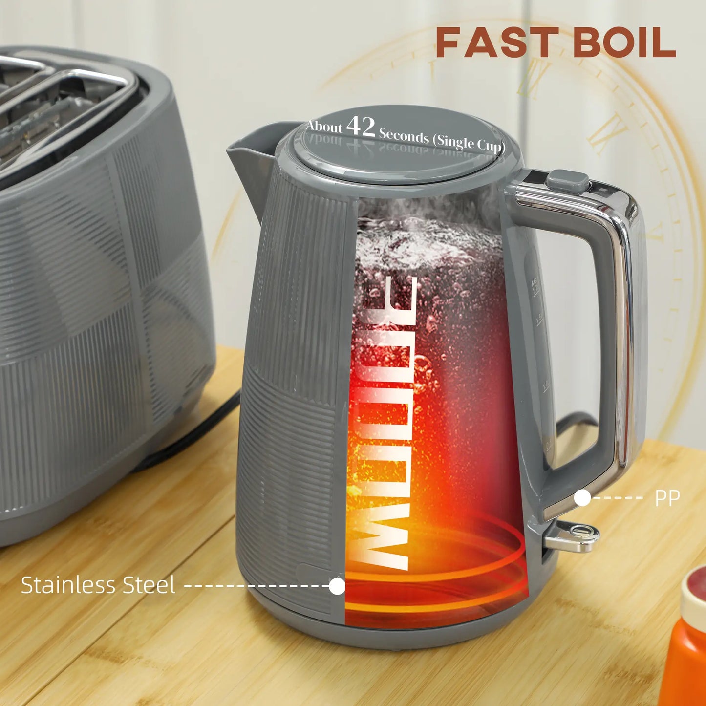 HOMCOM Fast Boil Kettle and 2 Slice Toaster Kitchen Set, 1.7L 3000W with 7 Level Browning Controls, Grey