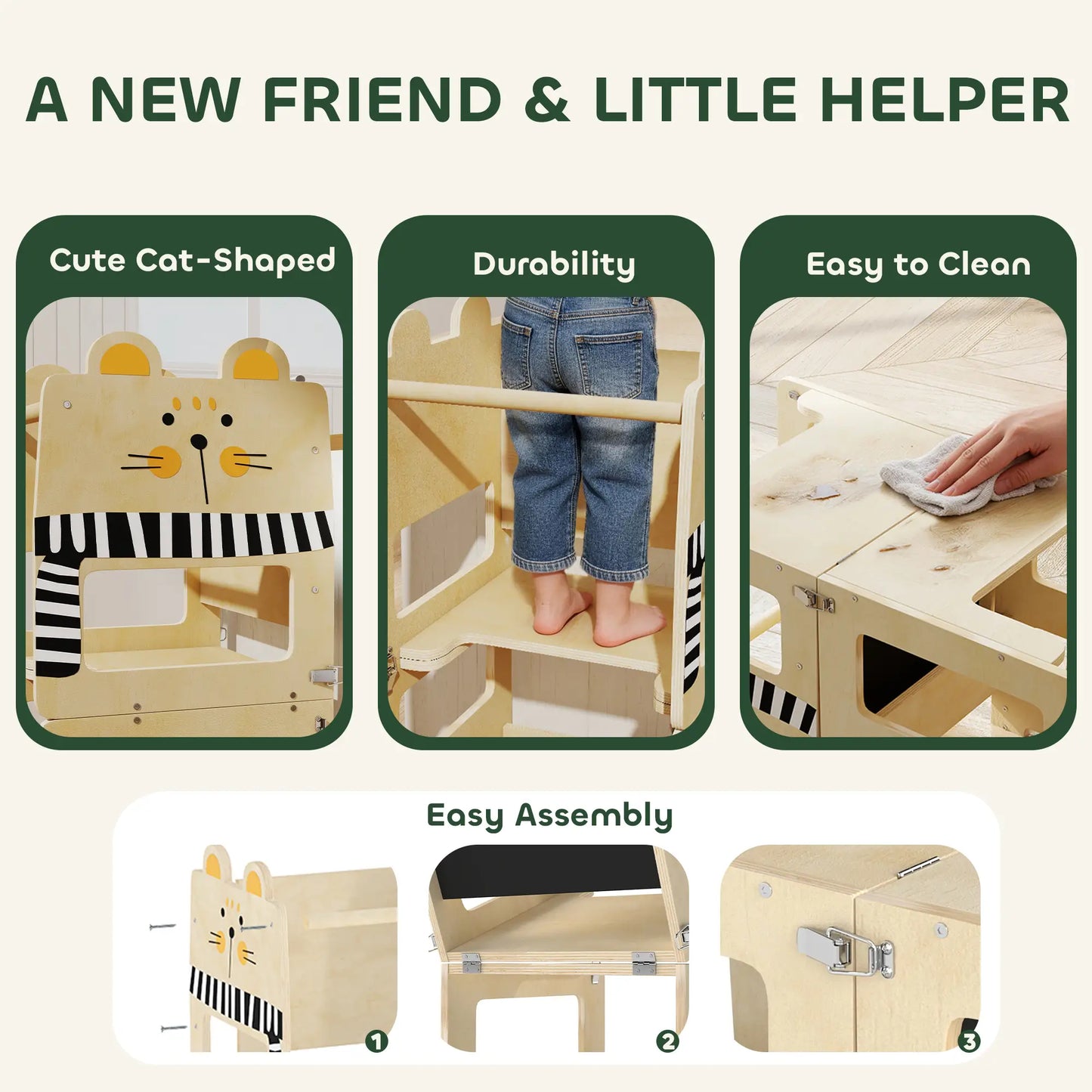 AIYAPLAY Toddler Step Stool, Standing Tower with Chalkboard, 3-in-1 Cat-Shaped for Kitchen Counter, Natural