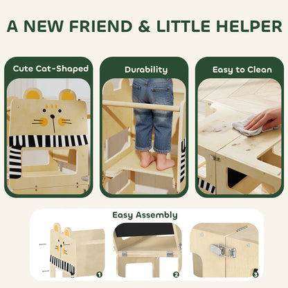 AIYAPLAY Toddler Step Stool, Standing Tower with Chalkboard, 3-in-1 Cat-Shaped for Kitchen Counter, Natural