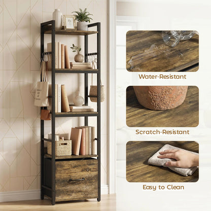 HOMCOM 4-Tier Bookshelf, Narrow Bookcase with Drawer, 8 Hooks, Metal Frame, Rustic Brown