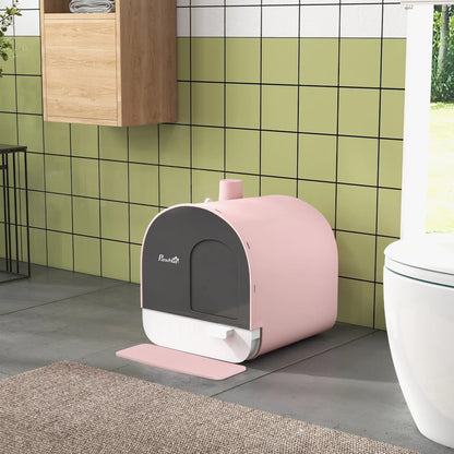 PawHut Hooded Cat Litter Box, Kitten Litter Tray with Lid, Scoop, Filter, Flap Door, Pink