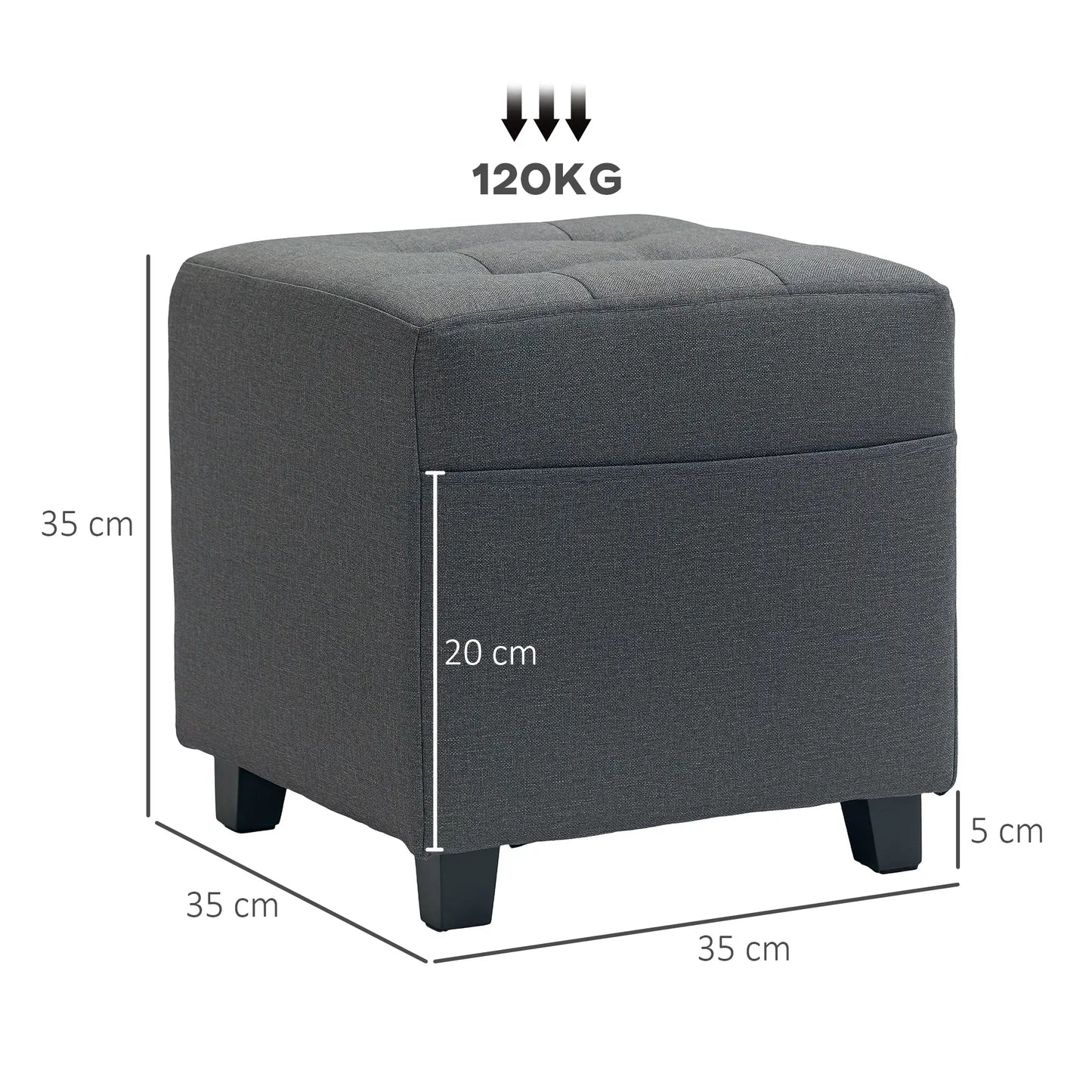 HOMCOM Square Footstool, Small Ottoman with Side Pocket, Linen Fabric Footrest Foot Stool with Rubber Wood Legs for Living Room, Bedroom