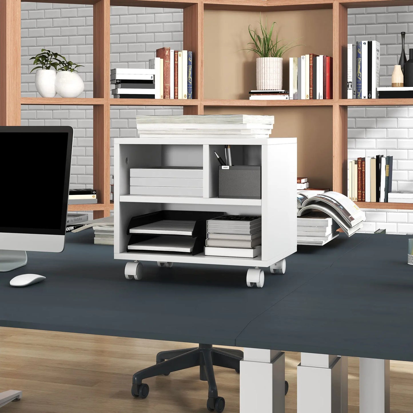 HOMCOM Three-Compartment Office Storage Printer Cabinet with Wheels - White