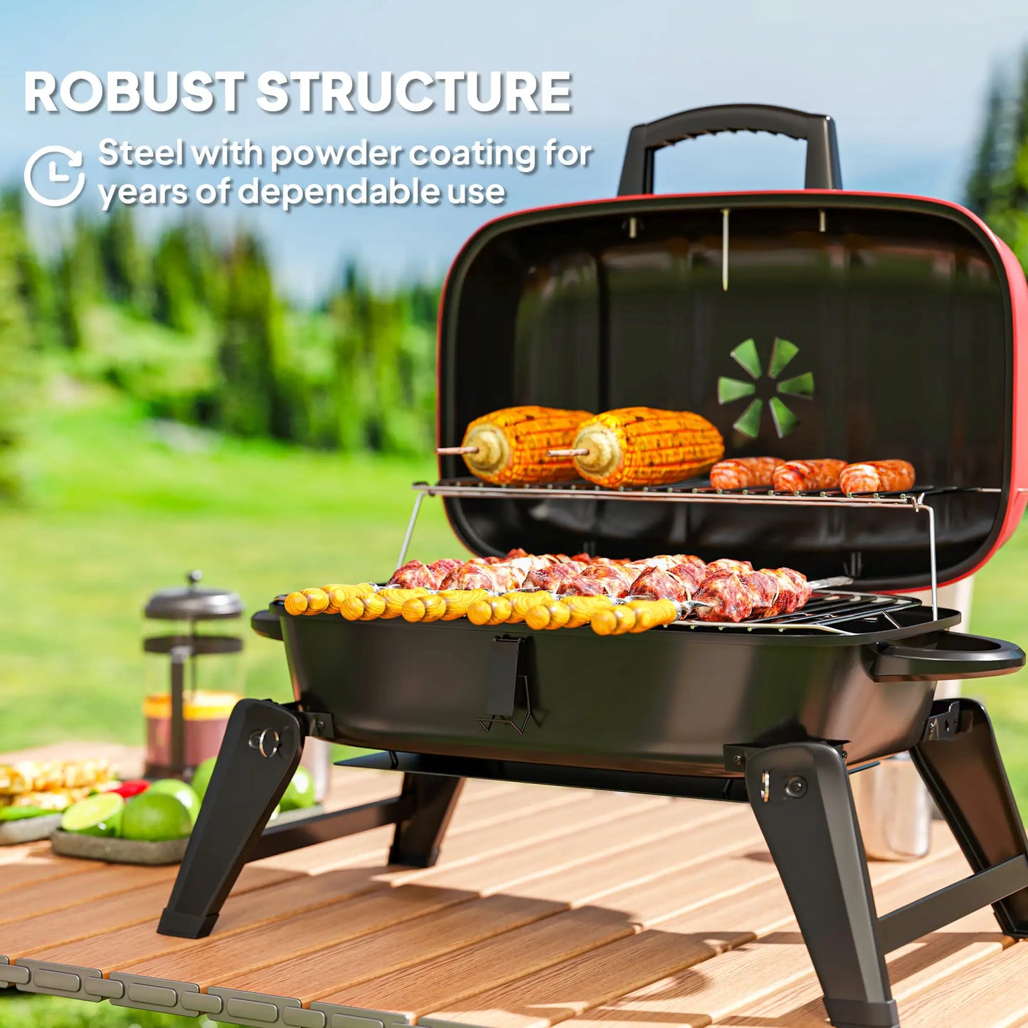 Outsunny Charcoal Barbecue Grill Folding BBQ Grill with Adjustable Vent, Thermometer, Handles for Camping Picnic, Red