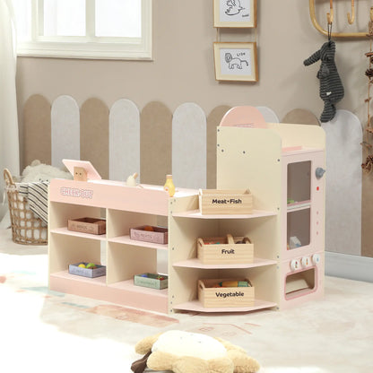 AIYAPLAY Kids Grocery Store, Children Supermarket Playset with Cash Register, Display Shelves