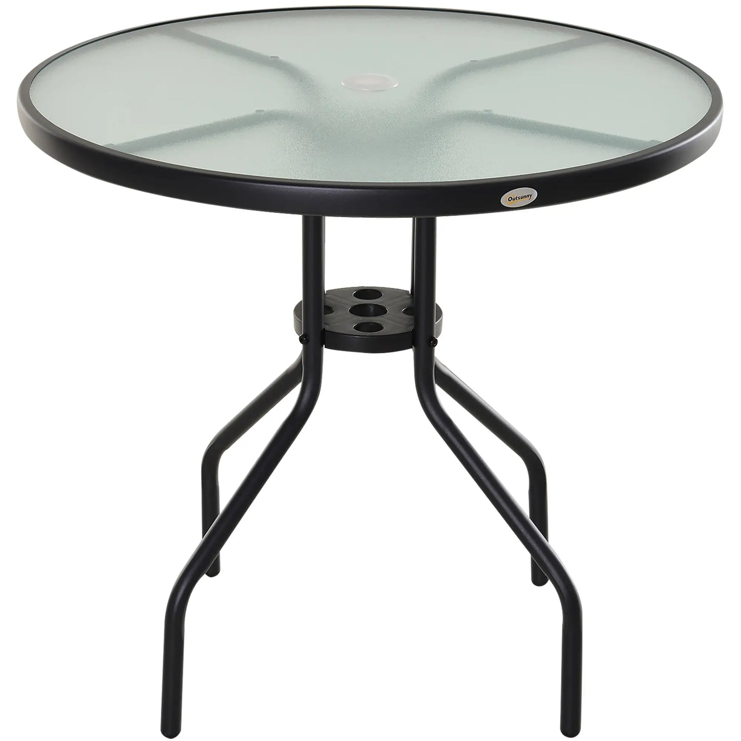 Outsunny Round Garden Dining Table with Parasol Hole for Outdoor Bistro Side Table with Tempered Glass Top for Patio, Porch, Black
