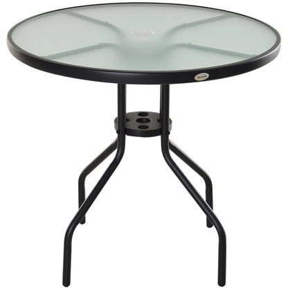 Outsunny Round Garden Dining Table with Parasol Hole for Outdoor Bistro Side Table with Tempered Glass Top for Patio, Porch, Black