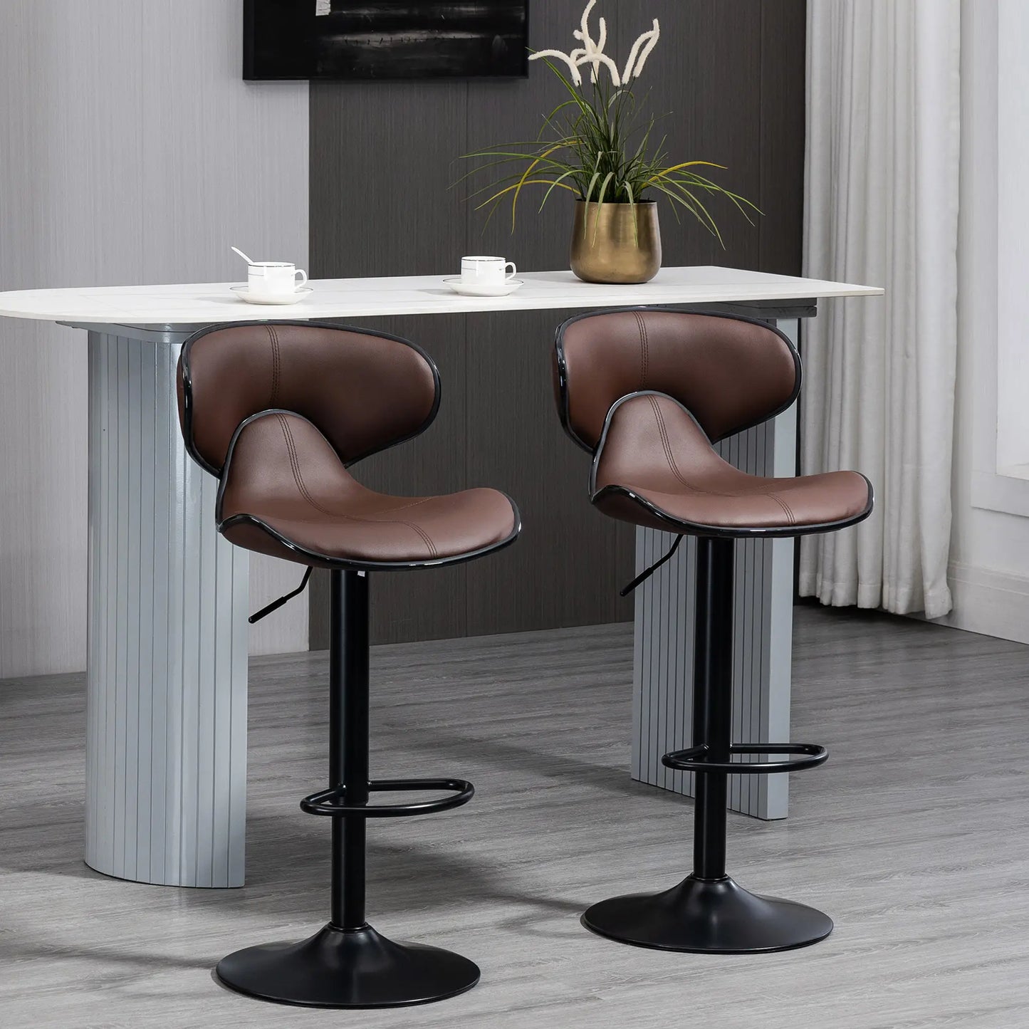 HOMCOM Adjustable Swivel Bar Stools Set of 2, Barstools with Footrest and Backrest, Steel Frame Gas Lift, for Kitchen, Dining Room, Brown