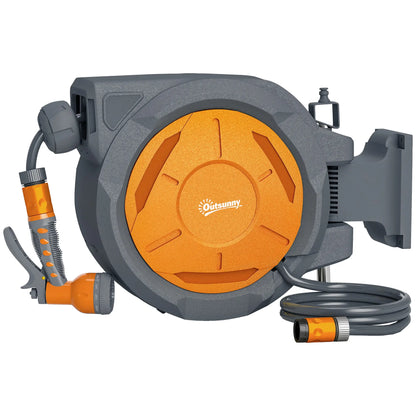 Outsunny Retractable Hose Reel Wall Mounted, 30+2m Garden Hose Pipe Reel with Lock, Auto Rewind, Orange