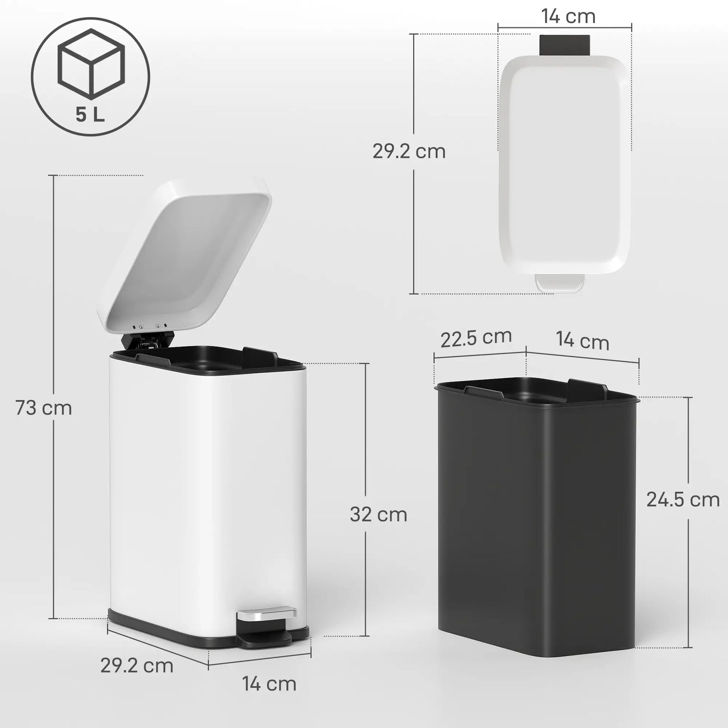 HOMCOM 5L Rectangular Compact Bin Steel Body Removable Bucket w/ Pedal Lid Rubbish Trash Tidy Clean White