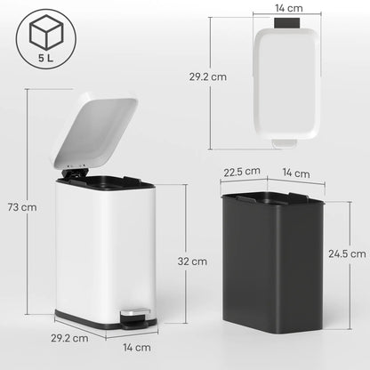 HOMCOM 5L Rectangular Compact Bin Steel Body Removable Bucket w/ Pedal Lid Rubbish Trash Tidy Clean White