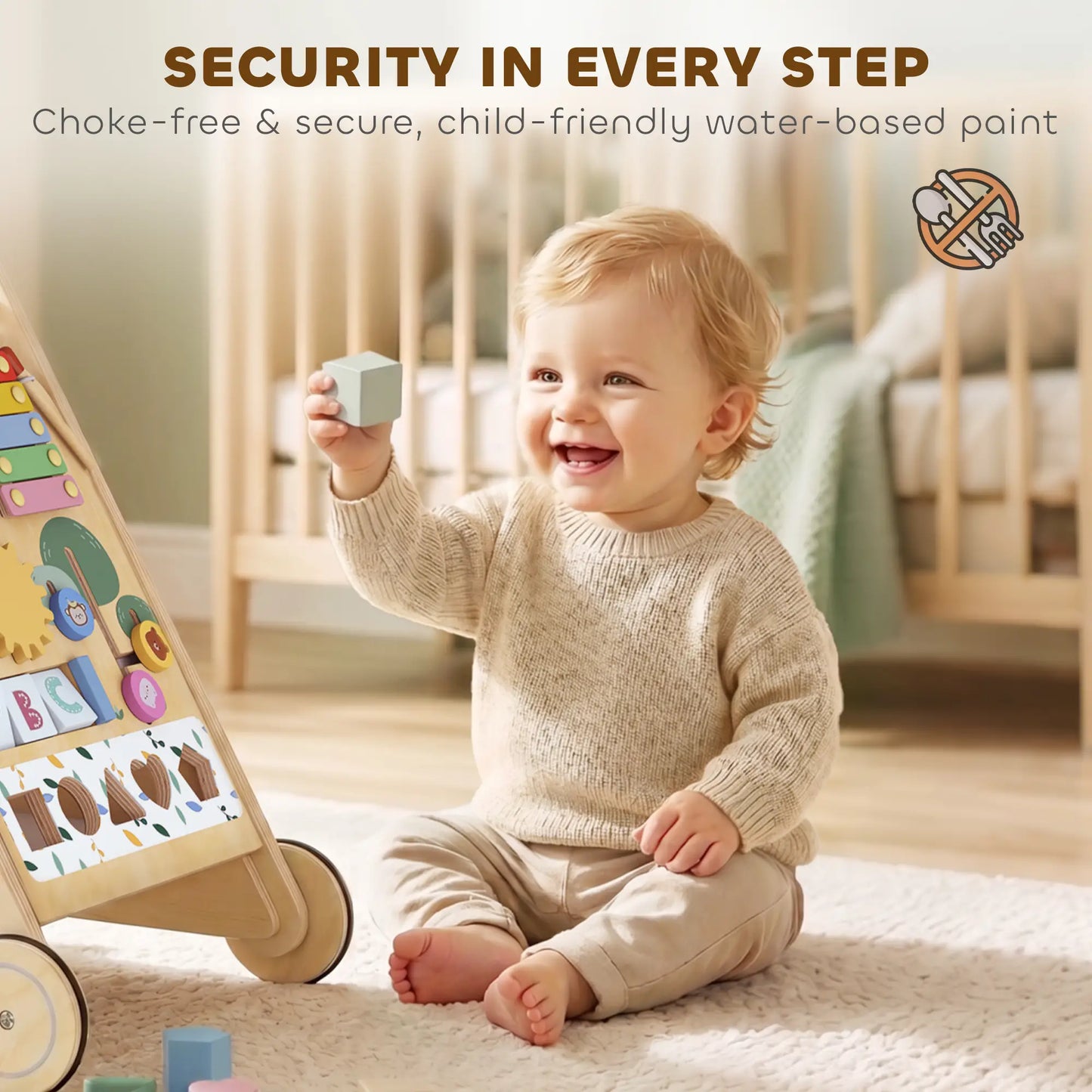 AIYAPLAY Wooden Baby Walker, Toddler Push Along Walker with Speed Control, Activity Centre for 18 Months+
