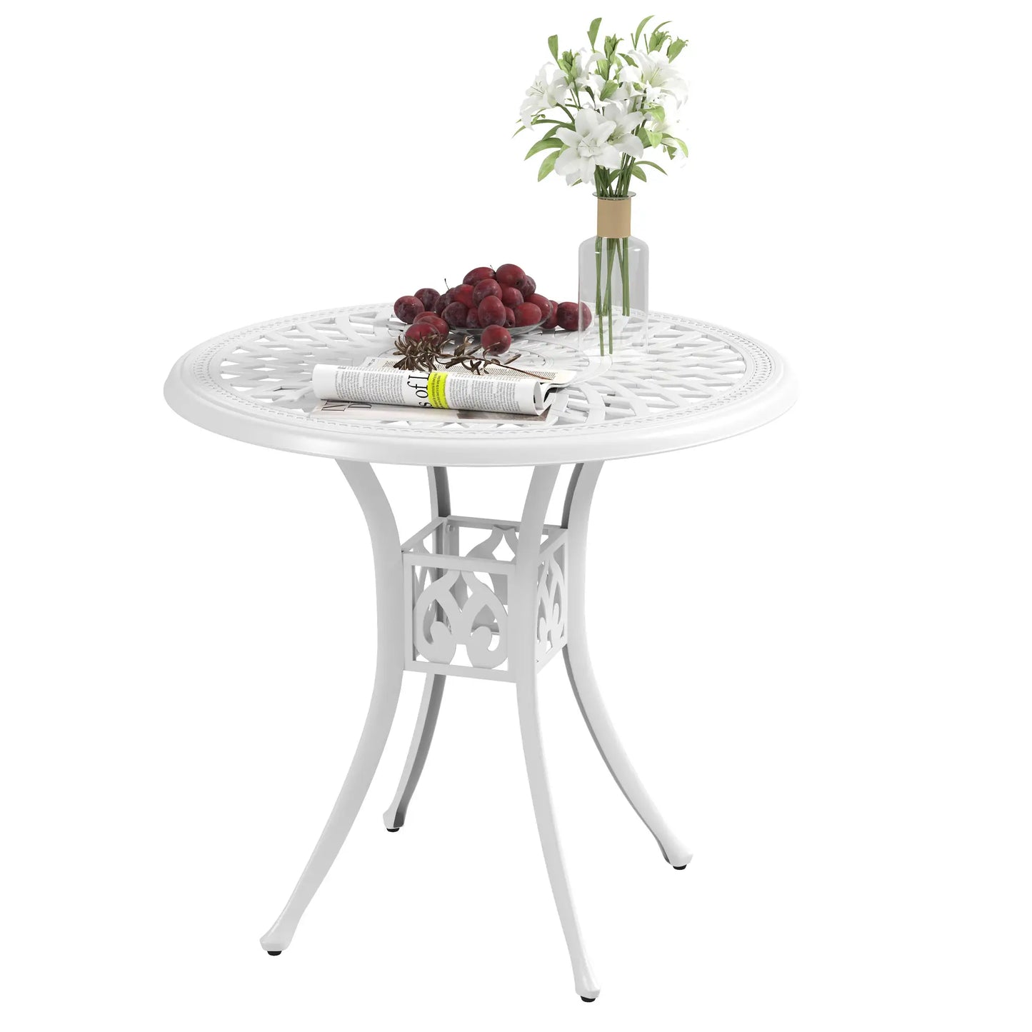 Outsunny Round Garden Dining Table with Parasol Hole Antique Cast Aluminium Outdoor Table Only, White