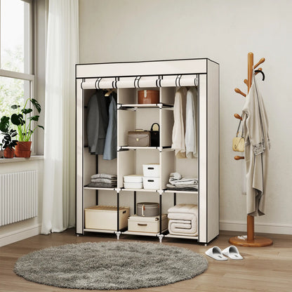 HOMCOM Fabric Cloth Wardrobe Clothes Organizer with Rails and Shelves - Cream White