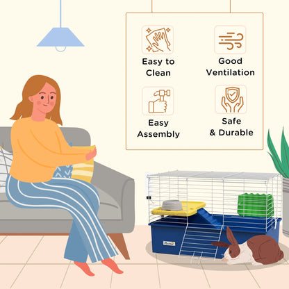 PawHut Chinchillas Small Rabbit Guinea Pig Small Animal Cage, Pet Playhouse with Platform, Ramp, Blue