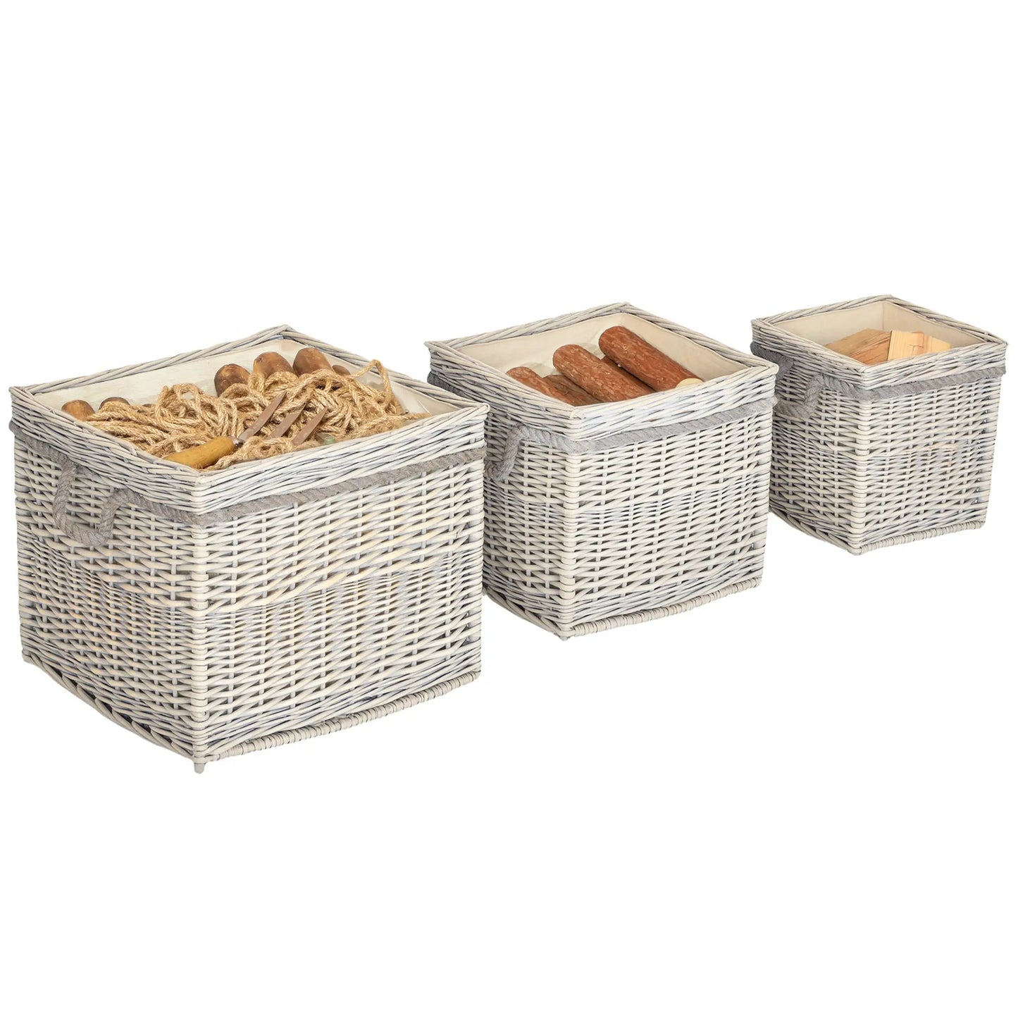 Outsunny Set of 3 Log Baskets for Wood Burner Indoor, Storage Wicker Basket with Rope Handles, Beige
