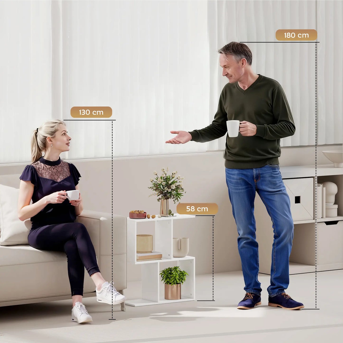 HOMCOM Side Table, Narrow End Table with Storage Shelves, S-Shaped, 3-Tier, White