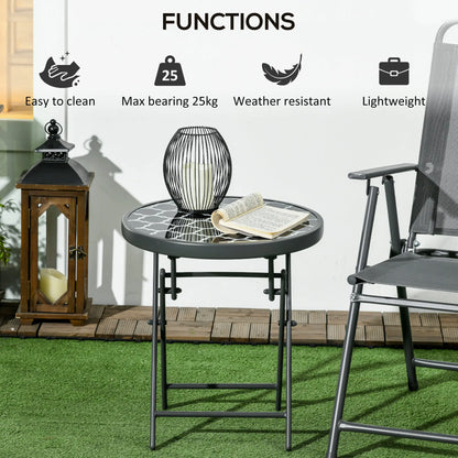Outsunny Garden Small Coffee Side Table, Outdoor Round Folding Patio Table with Imitation Marble Glass Top